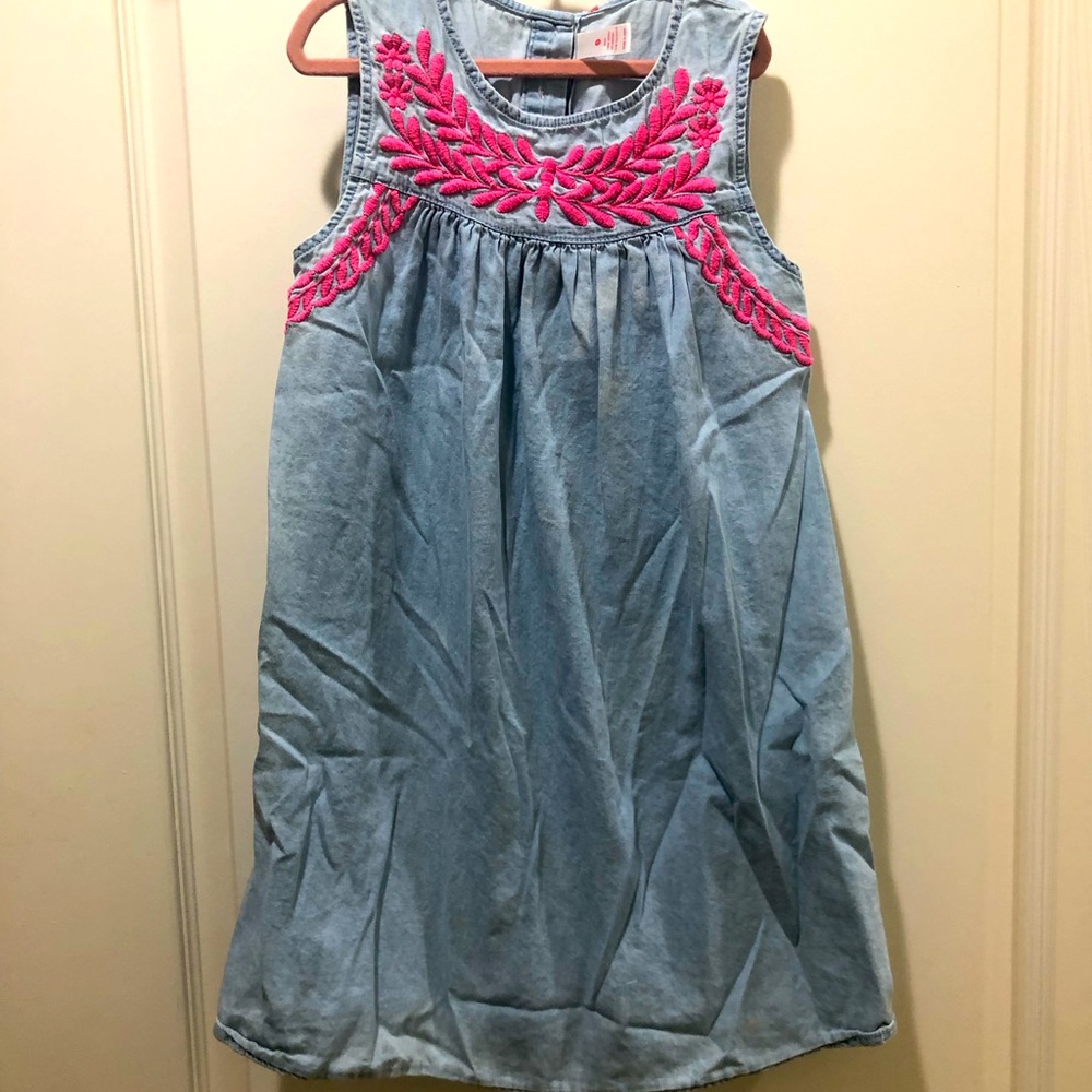 Girls blue dress with pink embroidery